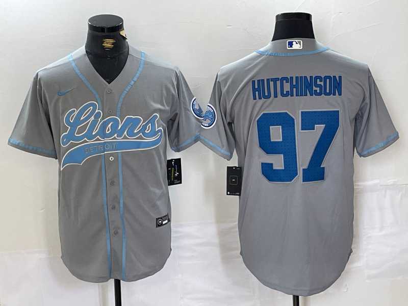 Men%27s Detroit Lions #97 Aidan Hutchinson Grey With Patch Cool Base Stitched Baseball Jersey